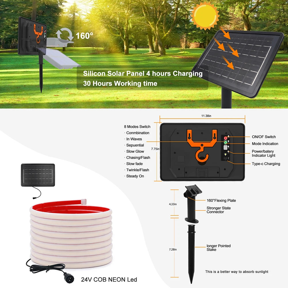 Solar Neon Light Strip 24V COB Waterproof IP68 Flexible LED Tape Red Green Blue Warm White 320LED/m High Density Linear Lighting