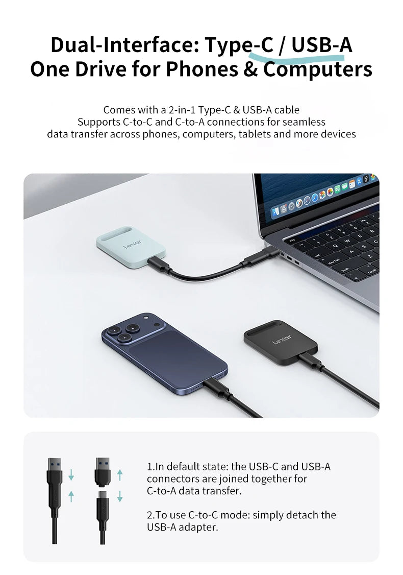 Lexar Portable Solid State Drive SL260X USB3.2 Type-C PSSD 512GB 1TB External Hard Drive Max 390Mb/s Read 400Mb/s Write SSD Disk