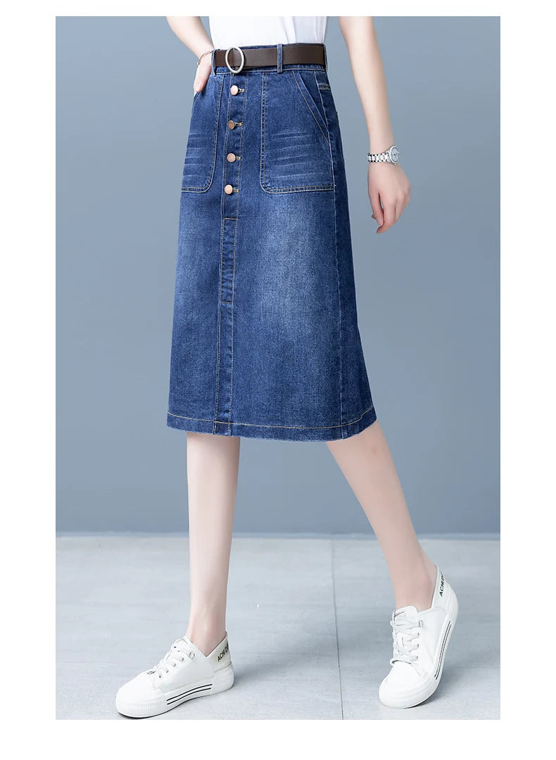 High Waist A-Line Midi Skirt for Women Spring 2023 Denim Split Long Dress Korean Style Commute Pure Color Long Skirt