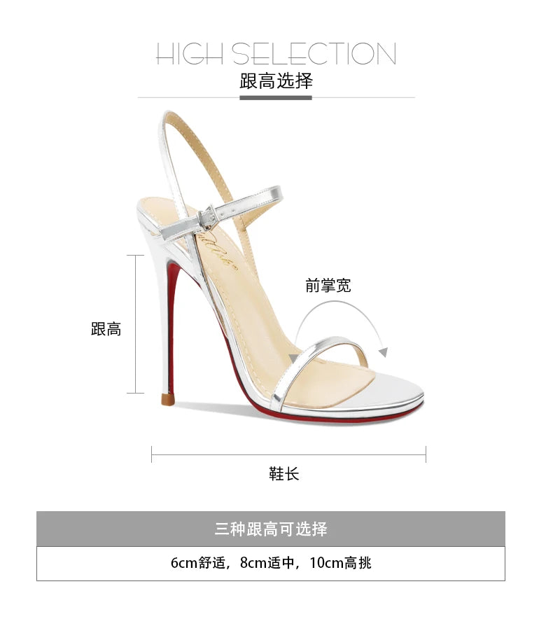 New Silver Patent Leather Temperament High-Heeled Sandals for Women with Exposed Toes, Slim Heels, and Comfortable Single Shoes