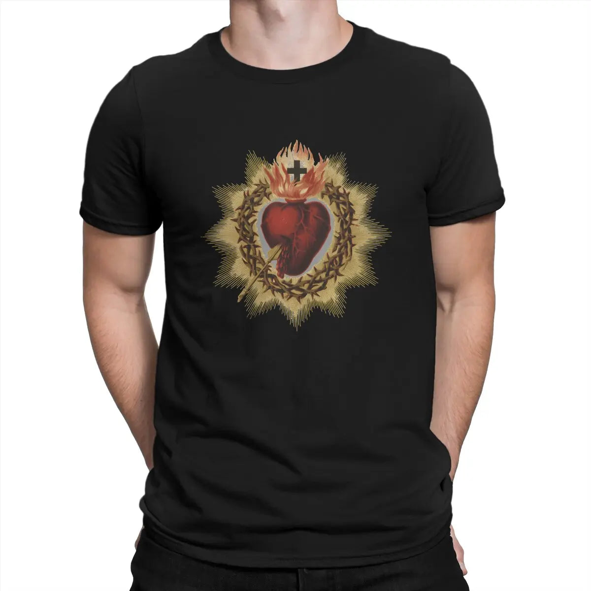 Sacred Heart  Catholic T Shirt Men Cotton Vintage T-Shirt Crewneck Jesus God Cross Tee Shirt Short Sleeve Clothing Gift Idea