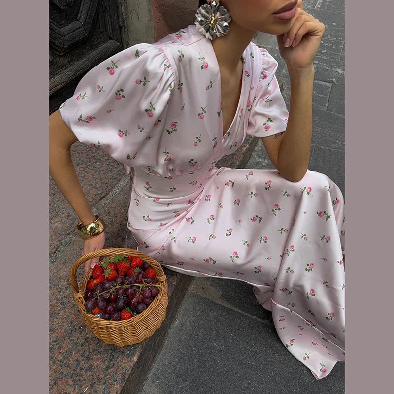Elegant Print Women Long Dress Fashion V-neck Pleated Flutter Short Sleeve Empire Female Dresses 2026 Summer Chic Female Robe