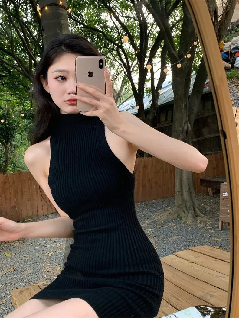 Korean Style High Neck Knitted Dress Women's Slim Fit Summer Pure Desire Design Sensual Girl Inner Wear Bodycon Skirt Trendy