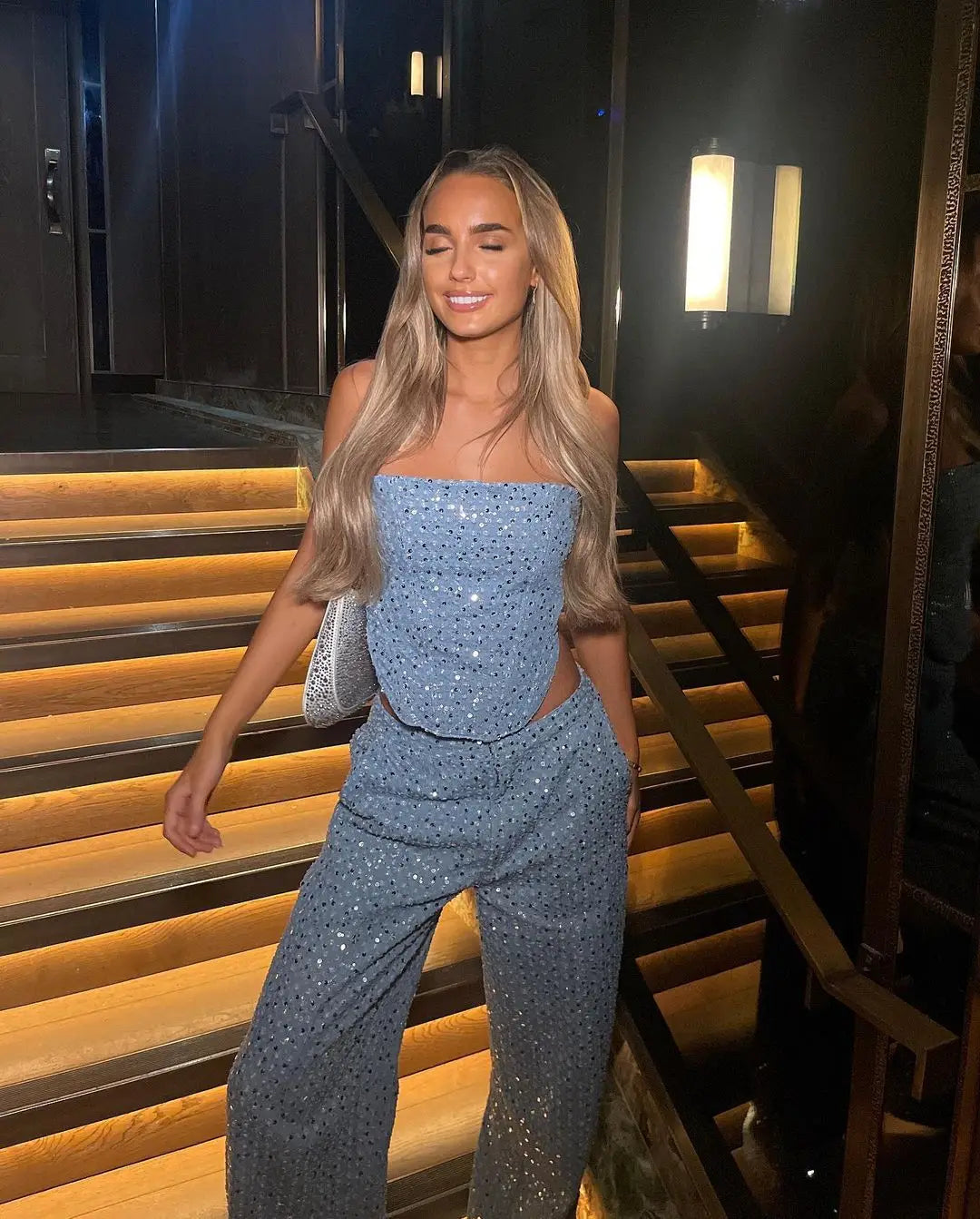 Fashion Sequins Denim Set Women Strapless Tunic Waist Crop Top and Wide Leg Pant Suit 2024 New 2 Piece Sets Outfits Tracksuit