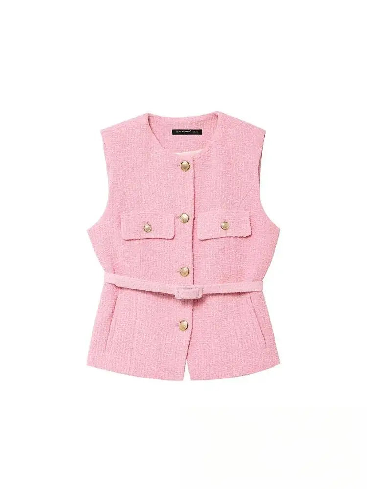 KONDALA Vintage Belt Twist Waistcoats Women O Neck Sleeveless Gold Button Vest Fashion 2025 Spring Summer Office Lady Blazer Top