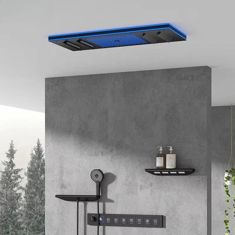 Ceiling Embedded LED Music Shower Head 7 Functions In-Wall Mount Brass Thermostatic Shower Faucet Set