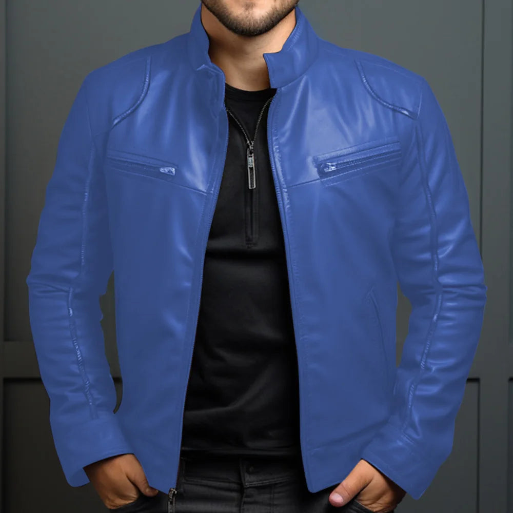 Asian Size Men's Motorcycle Leather Jacket Stand Collar Punk Biker Jacket Men's Casual Slim Fit PU Leather Coat Riding Jacket