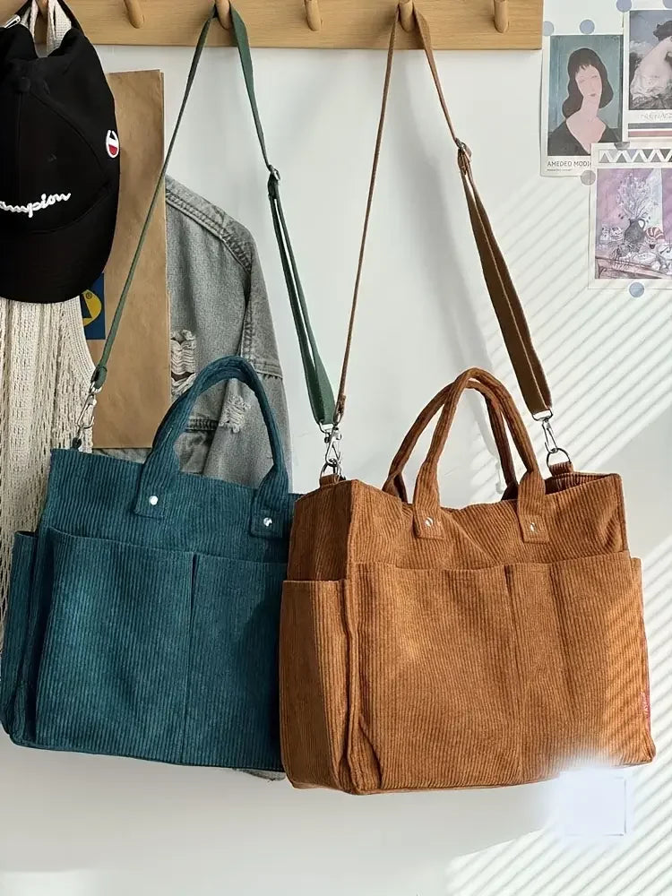 Corduroy Crossbody Tote Bag Stylish Commuter Shoulder Bag with Multiple Spacious Pockets Handbag for Women