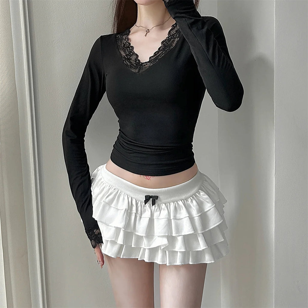 Sexy V-Neck Long Sleeve T-Shirt Women Fashion Lace Patchwork Solid Color Bottoming Shirt Spring Summer Stretch Slimming Base Tee