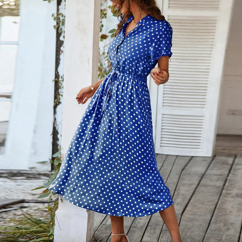 Elegant retro polka dot dress Women's Summer Midi Dress V Neck Single Breasted Short Sleeve Dresses Fashion Print Dress