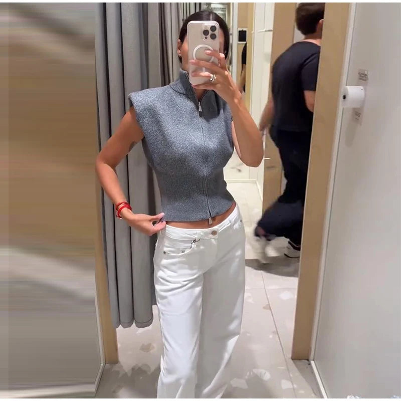 Women's Double Zipper Knit Vest Stand Collar Shoulder Pad Sleeveless Slim Cropped Sweater 2026 Autumn All-match Casual Outfits