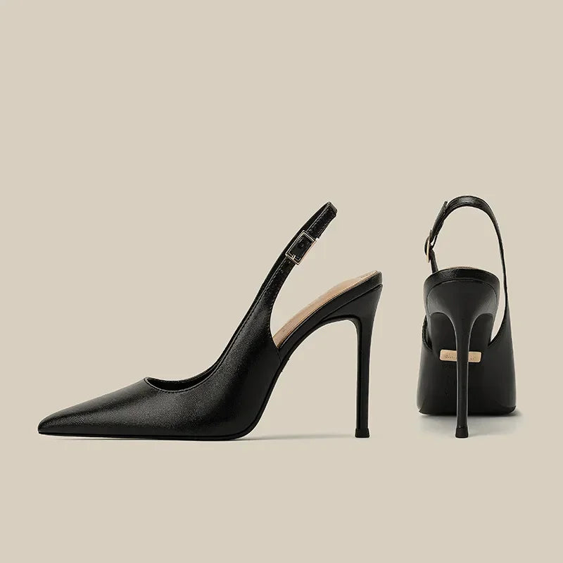 2026 New Slim Heel Flat Buckle Toe Back Empty Sandals with Pointed Soft Leather Toe Strap for Women's Commuting Single Shoes