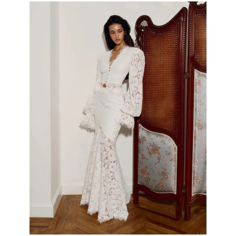 Women's Elegant Lace Up Flared Sleeve Long Dress Fashion Hollow Out Off Shoulder Bodycon Vestidos 2024 Lady New Beach Partywear