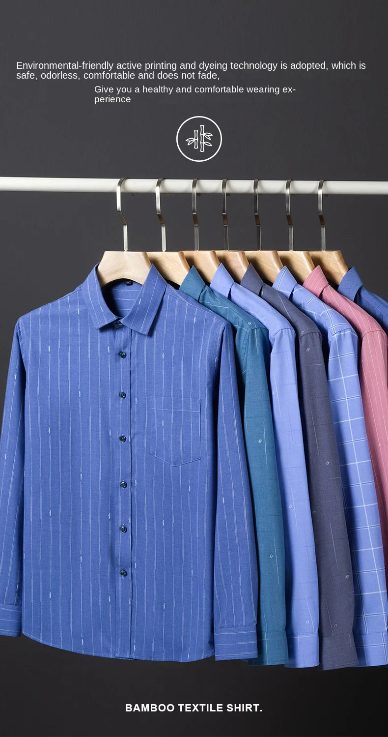Bamboo Fiber Men Shirt Long Sleeve Elastic Anti-wrinkle Regular Fit business Formal Social pink Blue Striped checkered print 4XL