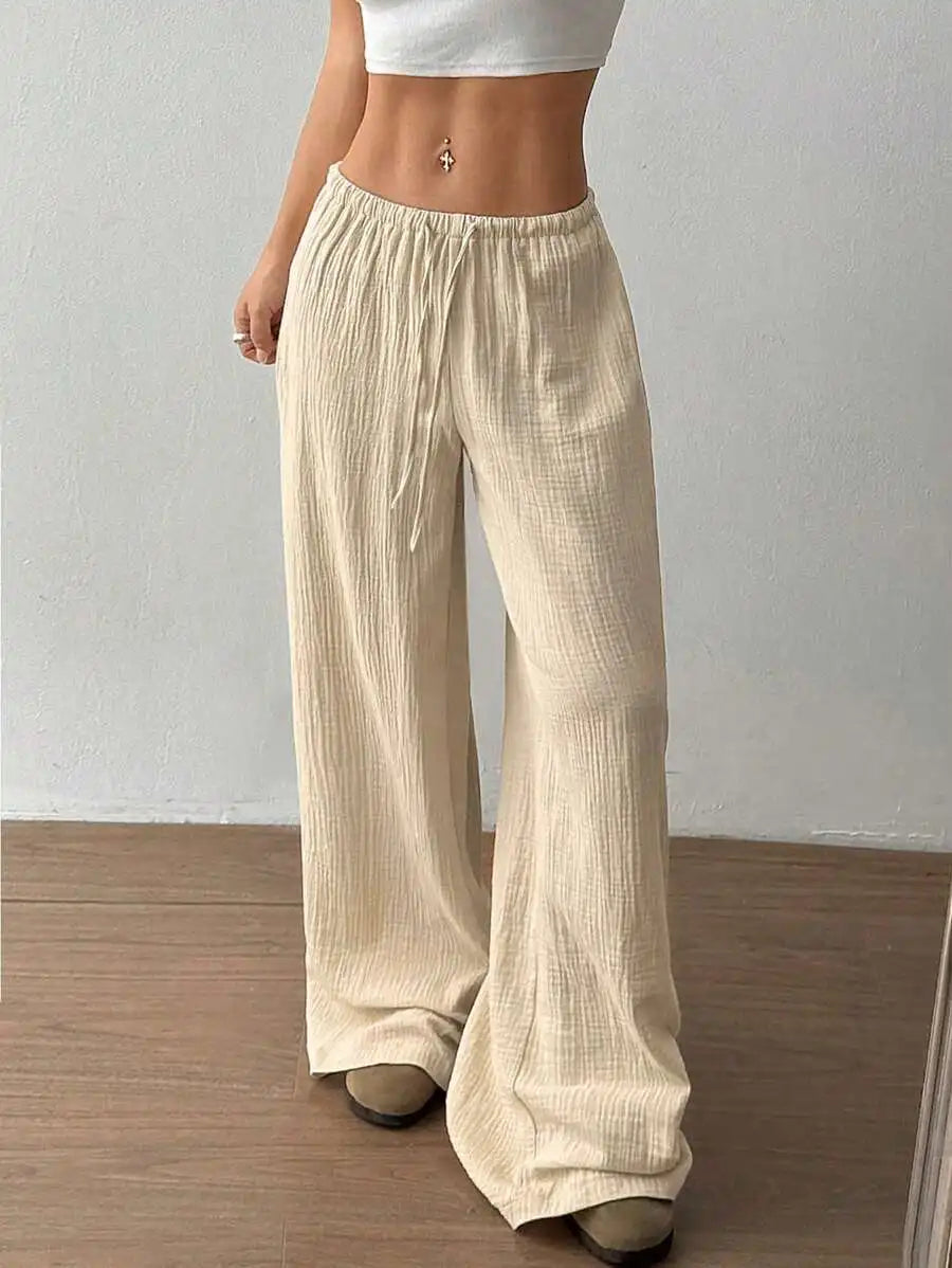 Women's Elegant Versatile Elastic Waist Comfortable Casual Pant Slightly Elastic Simple Solid Color High Waist Wide-leg Pants