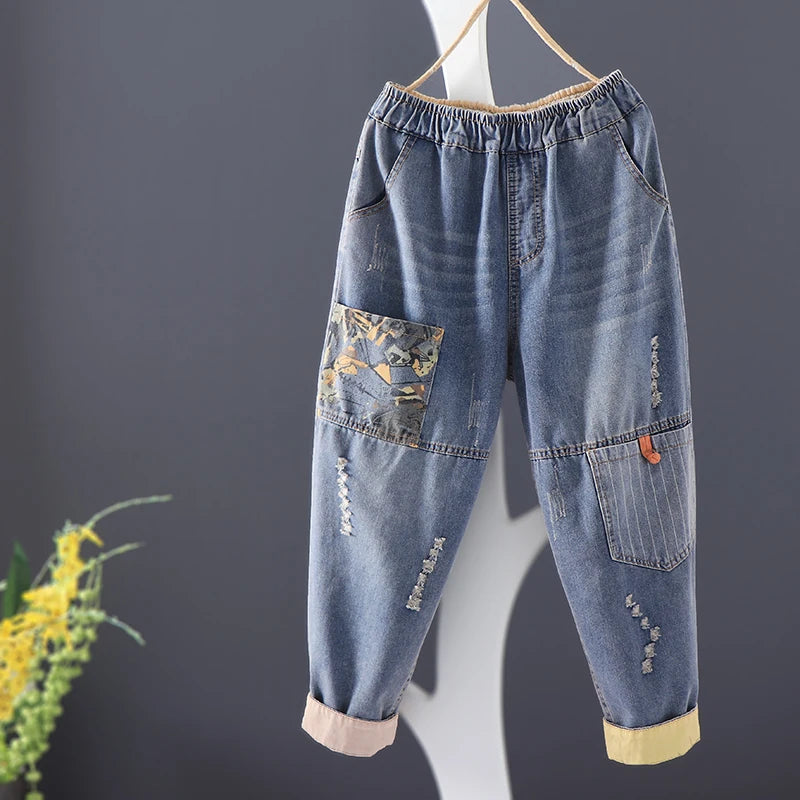 Women's Casual Boyfriend Baggy Jeans Fashion Vintage Style Patchwork Streetwear Female Denim Pants Loose Versatile Harem Trouser