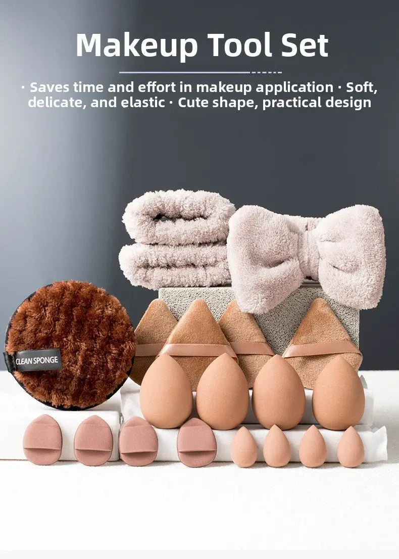 33Pcs Full Makeup Tool Kit, 13 Brushes + Sponges + Finger Puffs + Headband for Face Eye Makeup Daily Touch Ups Travel Kit