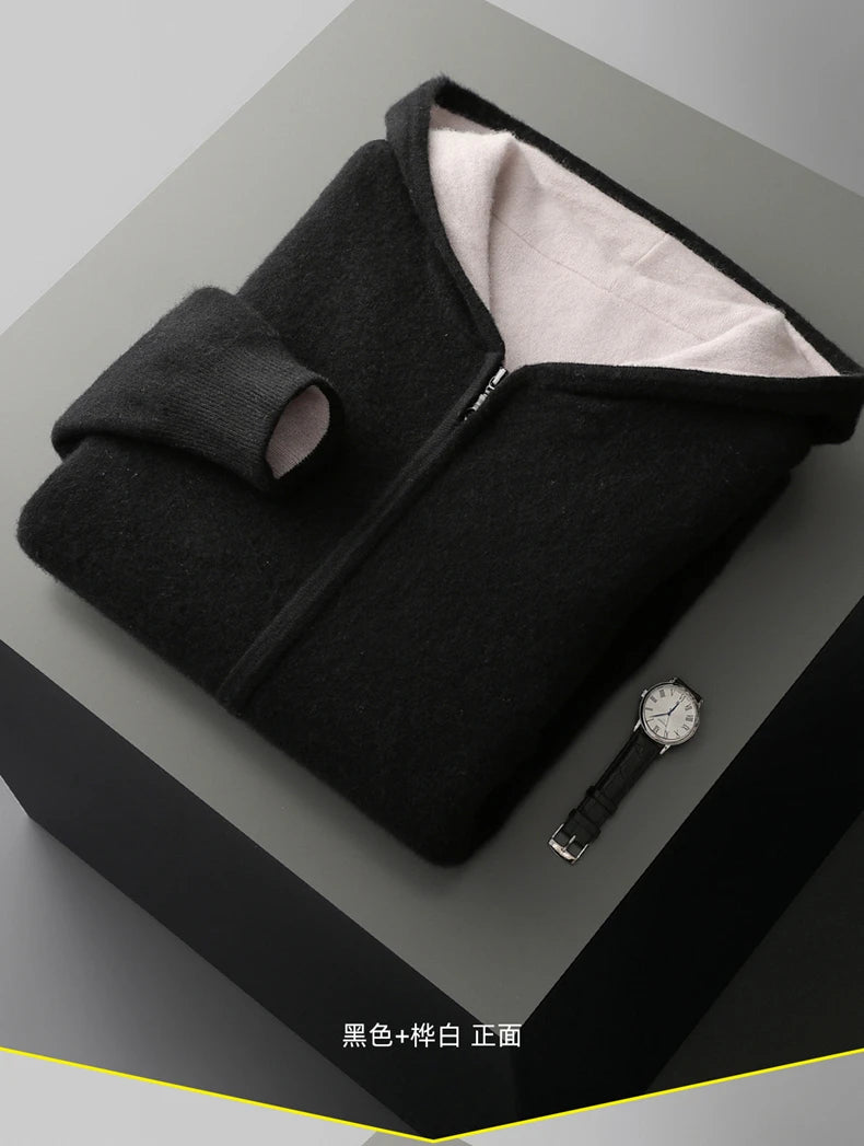 New Men's 100% Merino Wool Double Sided Wearable Hooded Sweater Casual Autumn Winter Coat Long Sleeved Men's Wool Sweater Tops
