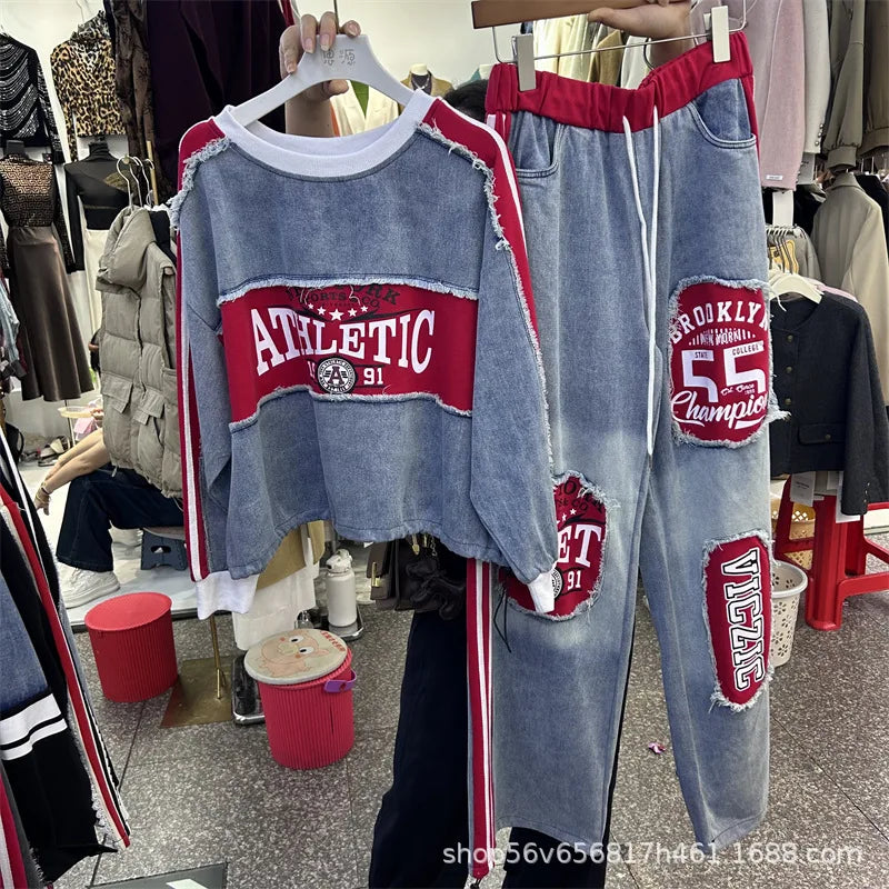 American Sports Two-piece Sets New Spring Colorblock Letters Printed Loose Denim Hoodie Top + Elastic Waist Casual Long Trousers