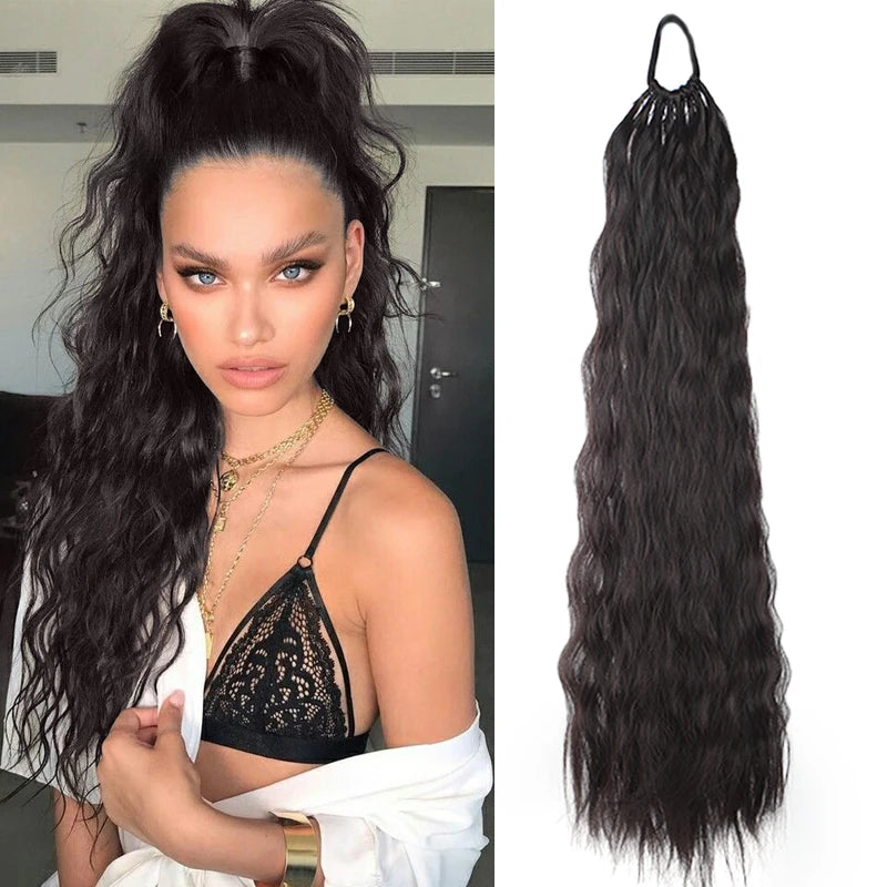 Synthetic Long Curly Hair Ponytail 24inch Wavy Ponytail Extensions with Elastic Hair Tie Women Hairpiece for Daily Party Wear