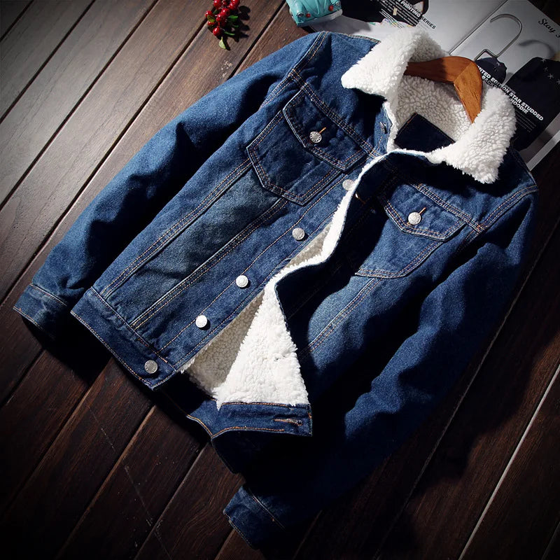 Winter Men's Denim Jacket 6XL Oversized Fur Coat Warm Thicken Highstreet Casual Cowboy Jacket Men Clothing Overcoat