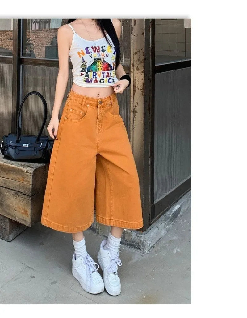 Retro High Waist Wide-leg Jeans Women Summer New Fashion Loose Straight Calf-Length Denim Pants Female Orange Whiter Cowboy Pant