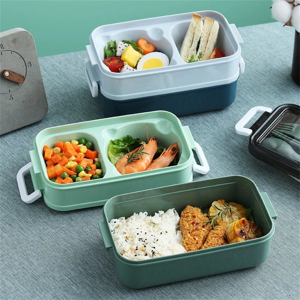 Double-layer Lunch Box 1pc Portable Compartment Food Box Microwave Lunch Box With Fork Chopsticks And Spoon for School Office