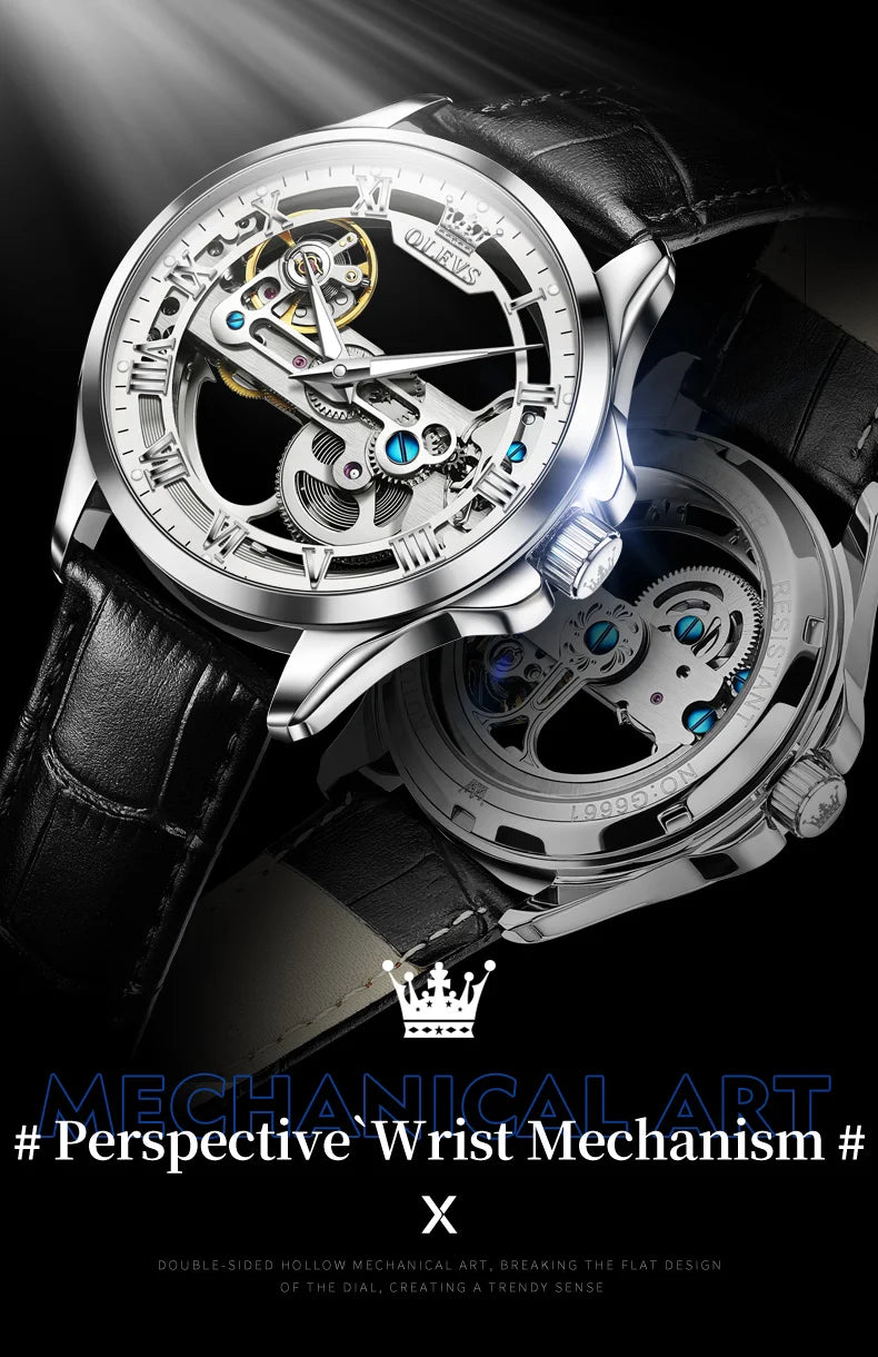OLEVS Couple Watches Original Fully Transparent Skeleton Automatic Mechanical Watches For Men Women Lover's Gift Luxury Watches