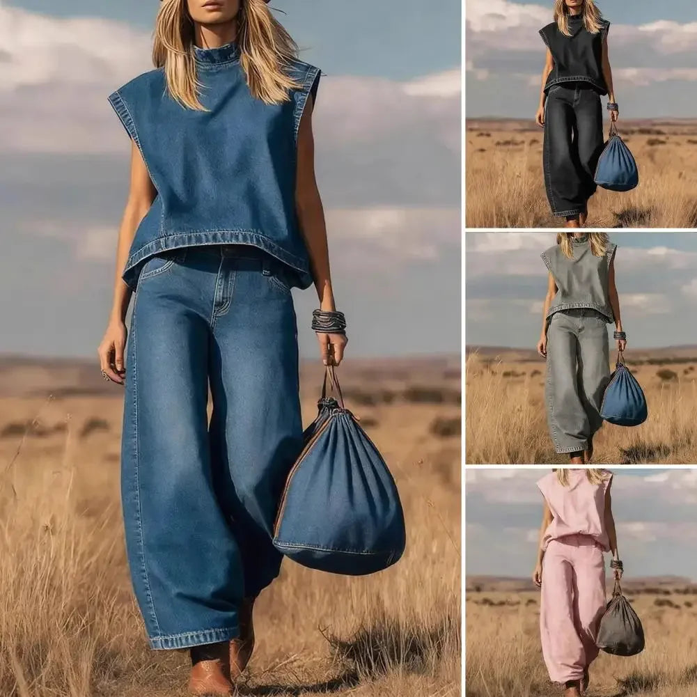 Wide-leg Denim Vest Pants Set 2026 Women Summer Outfit Sleeveless Top Trousers Set Casual Women Outfit Party Wear Two-piece Set