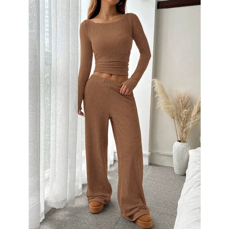Women's Gray Ribbed Knit 2 Piece Set Long Sleeve Round Neck Crop Top Elastic Waist Wide Leg Pants Set Autumn Lounge Wear