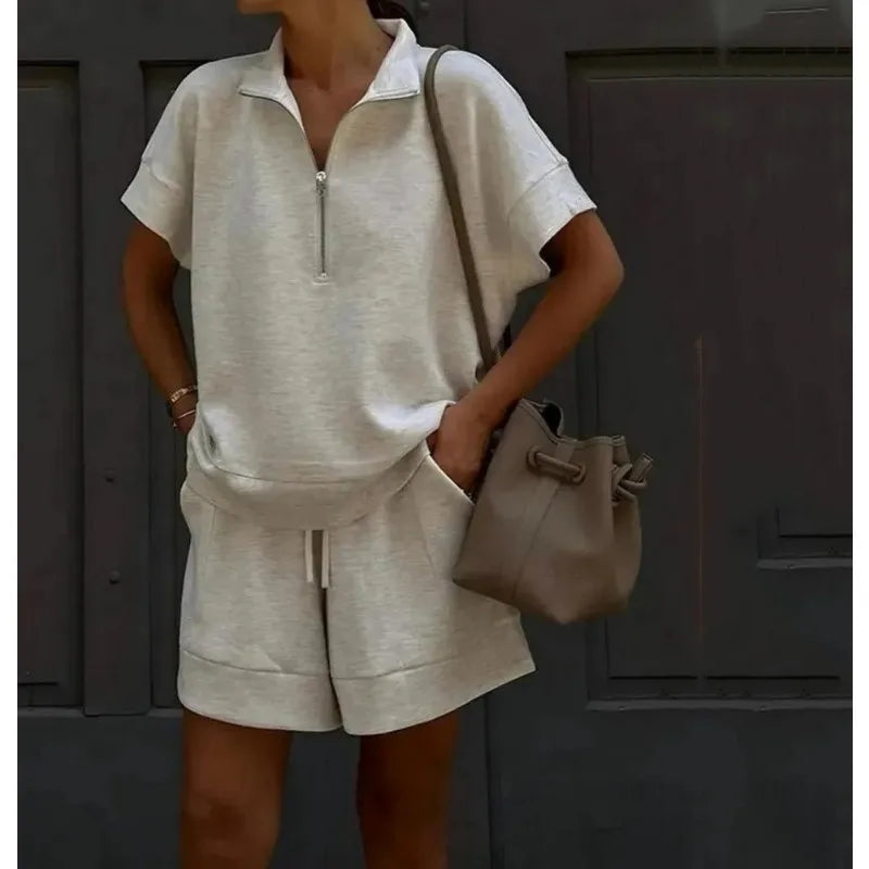 2026 Summer New Long-sleeved Shorts Sweater Set Solid Color Fashion Casual Short 2-piece Set