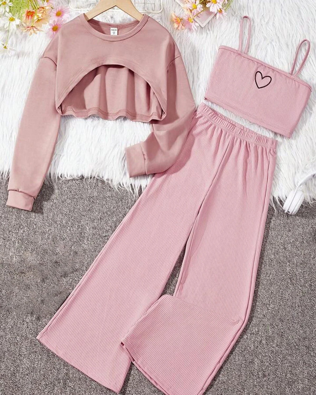 New girl's spring long sleeved top+heart-shaped vest+long pants children's set casual sports pure cotton girl top and long pants
