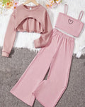 New girl's spring long sleeved top+heart-shaped vest+long pants children's set casual sports pure cotton girl top and long pants