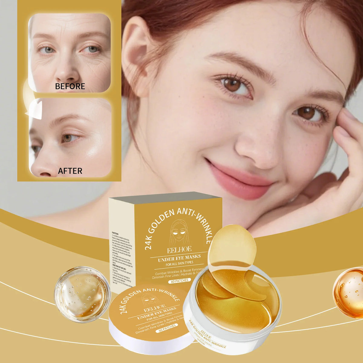 24K Golden Under Eye Mask Patches Hydrolyzed Collagen Moisturizing Firming Anti Dark Circles Eyes Care Eyepatch Beauty Mask