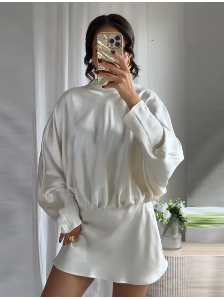 Elegant Satin Mini Dress For Women Fashion Scarf Collar Batwing Sleeve Waist Dress Lady 2025 Autumn Chic Party Evening Vestidos