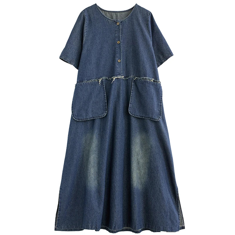 NYFS 2025 Summer New Woman Denim Dress Vestidos Robe Elbise Loose Plus Size Long Sleeve Pocket Slit Jeans Long Dress