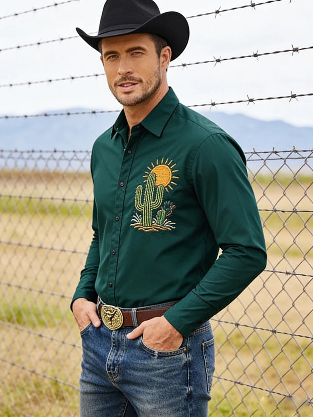 2026 New Men's Western Farm Cactus 3D Print Black Shirt Long Sleeve Collar Button Business Casual Hawaiian Shirt Men For you