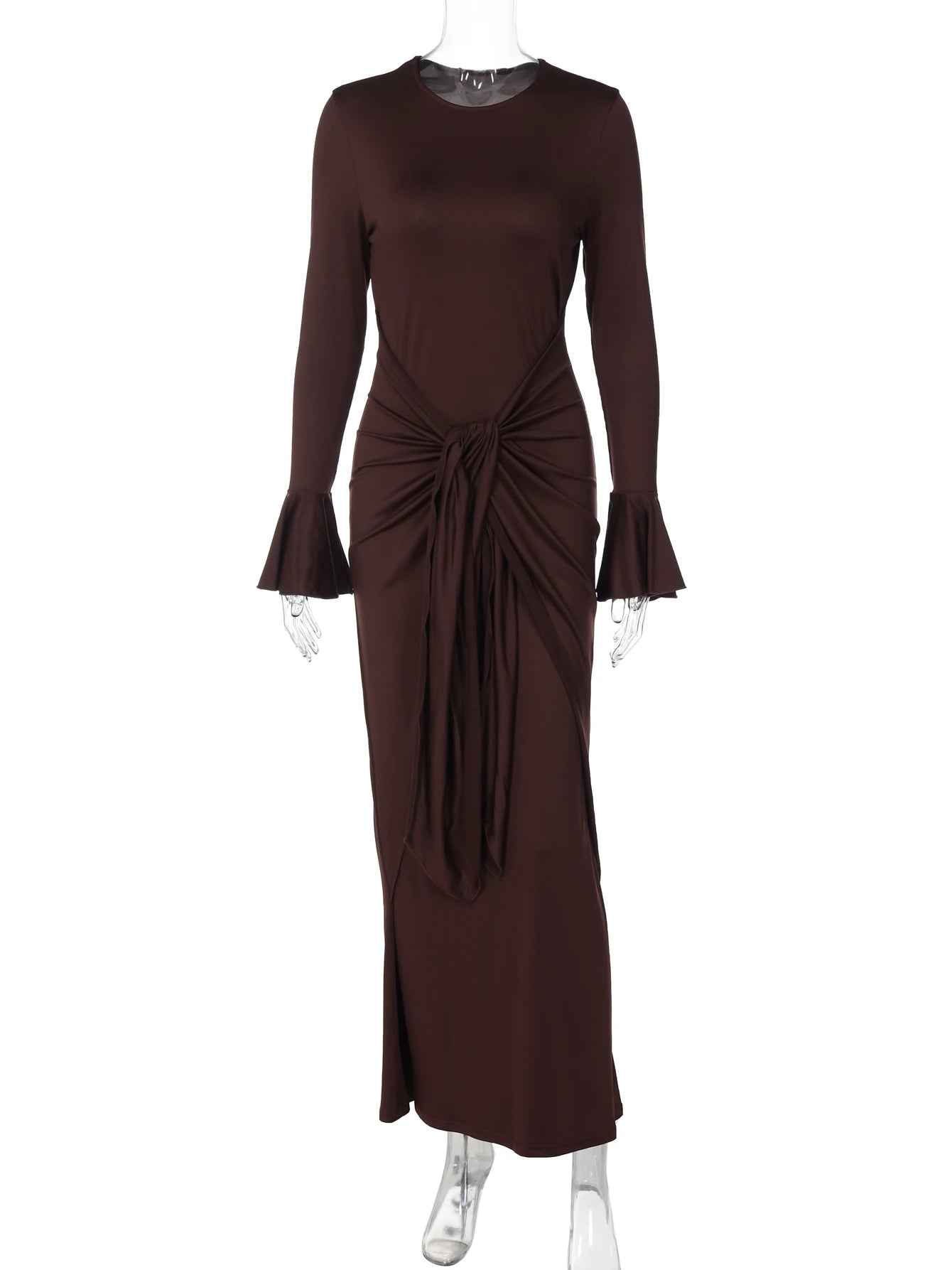 Dulzura O-Neck Long Flare Sleeve Ruched Lace Up Slim Long Dress Women'S Fashion Elegant Clothes Party Club Street Autumn Outfit