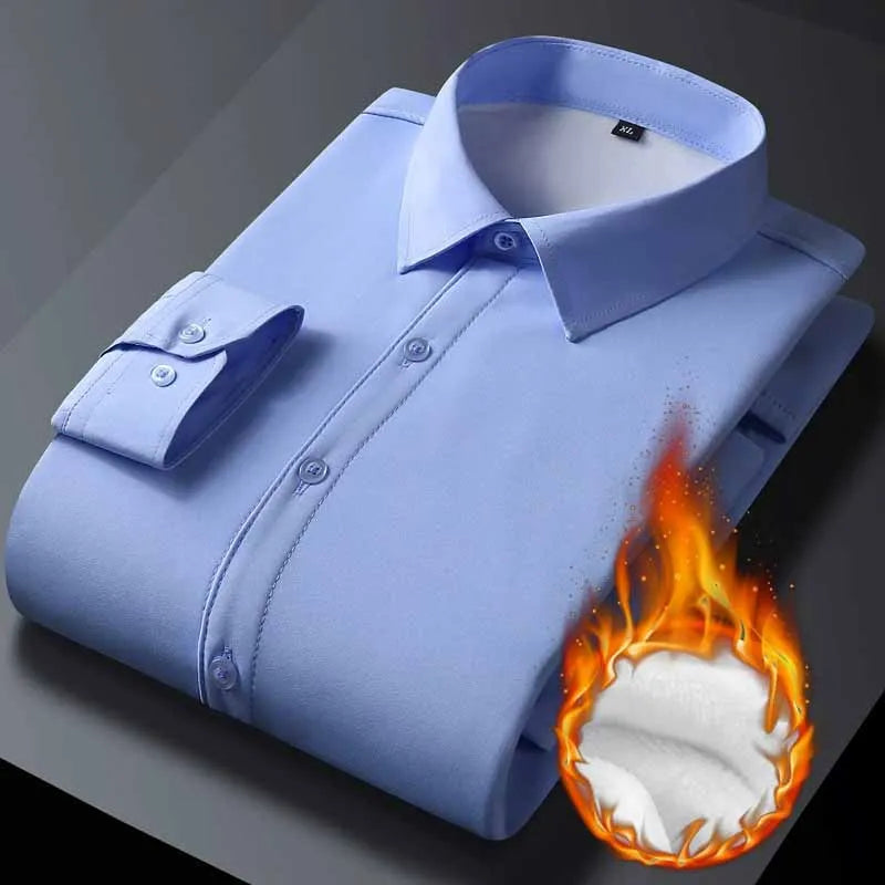 Men's Business Formal Lapel Shirts Autumn and Winter Thickened Warm Office Work Shirt Men Solid Color Casual Long Sleeve Tops