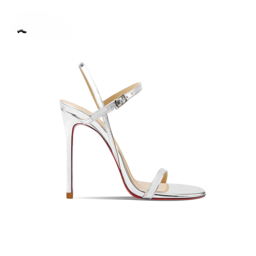 New Silver Patent Leather Temperament High-Heeled Sandals for Women with Exposed Toes, Slim Heels, and Comfortable Single Shoes