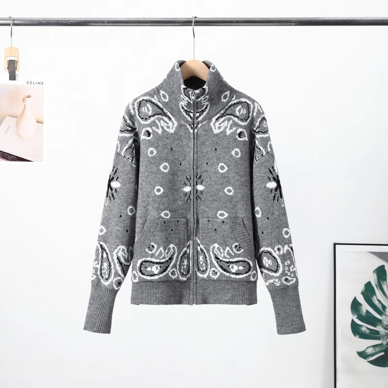 Elegant Knitted Print Women's Cardigan Loose Full Sleeve Stand Collar Zipper Sweaters Female 2026 Autumn Outwear Pockets Lady