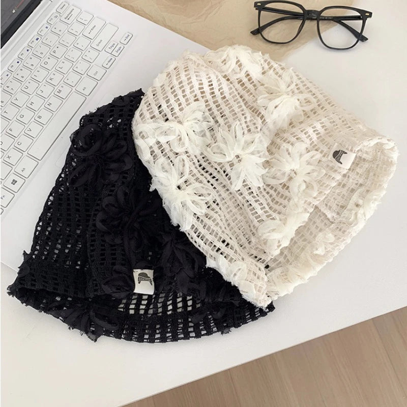 Spring Summer New Korean Crochet Pullover Hats Women Outdoor Travel Fashionable Versatile Sweet Hollow Breathable Beanies Cap