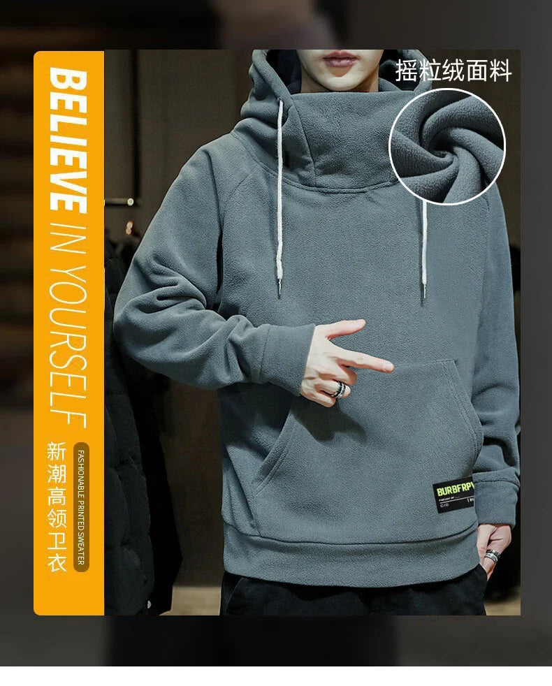 Men's Polar Fleece Sweatshirt Solid Color Street Style Autumn Winter Men Hood Sports Windproof Oversized High Collar Hoodie 5XL