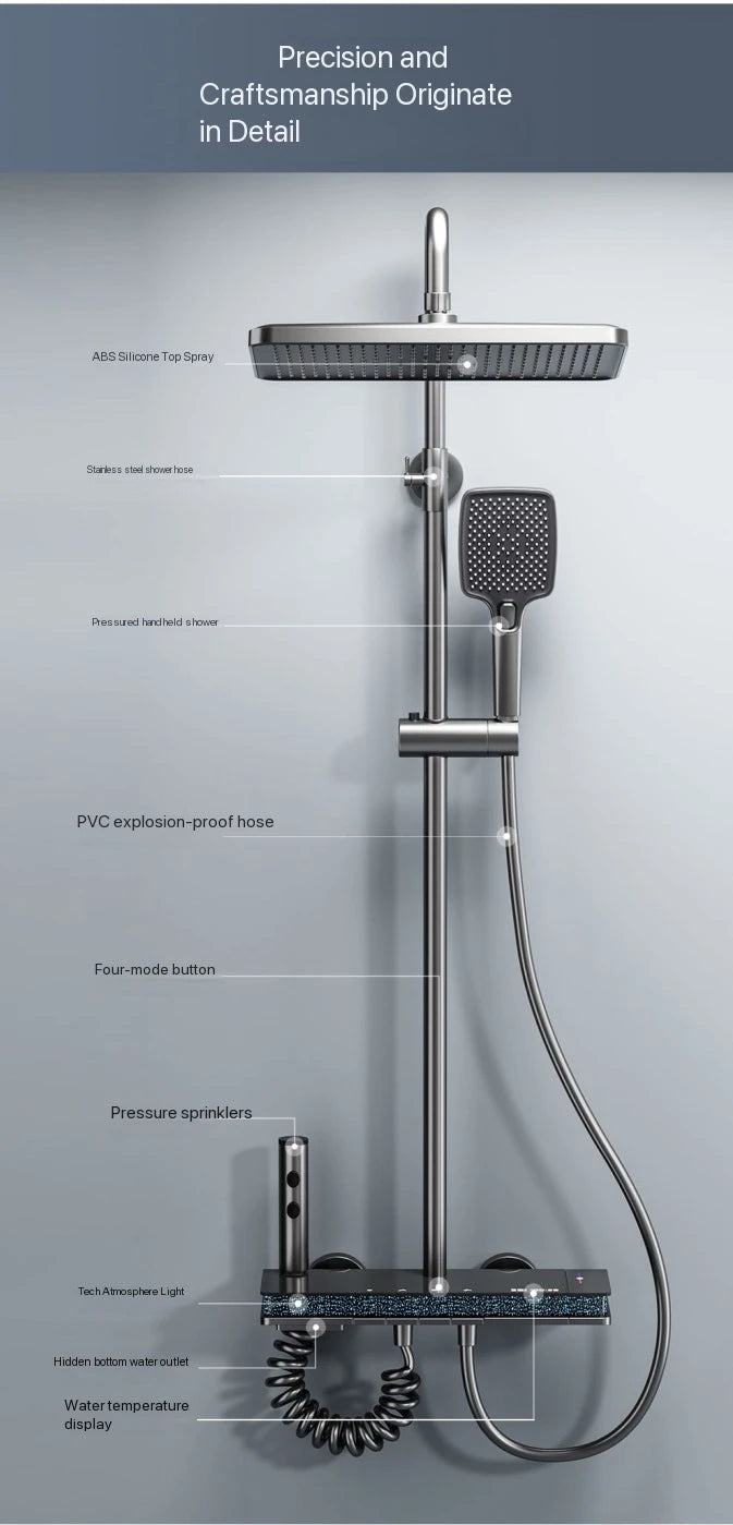 Gray Piano Button Ambient Light Bathroom Shower Full Set Digital Display Shower System Sets Rain Faucets Shower Head