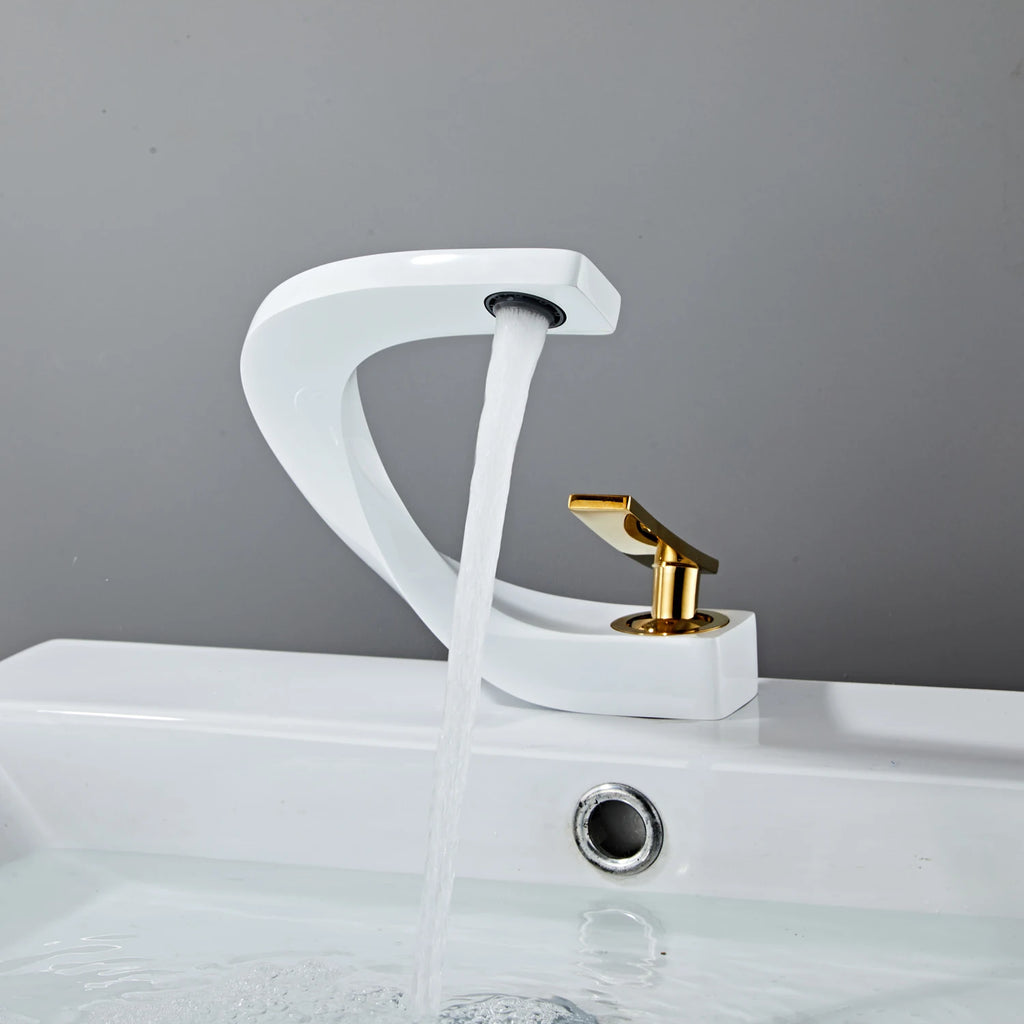 Basin Faucet  Brass Hot and Cold Wash Basin Faucet White with Gold Bathroom Basin Modern Minimalist Creative Faucet PP-12085