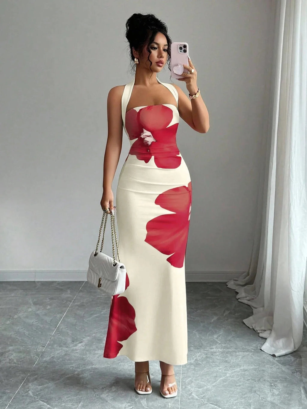 Women's 2026 New Popular Neck Halter Long Dress Hip-wrapped Printed Dress White Dress Birthday Dress for Women Summer Dress