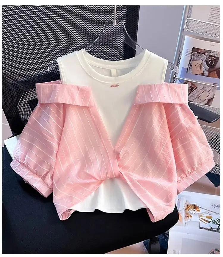 Girls' Western Style Loose Fitting Shirt 2026 New Children's Off Shoulder Top T-Shirt Fake Two-Piece Top