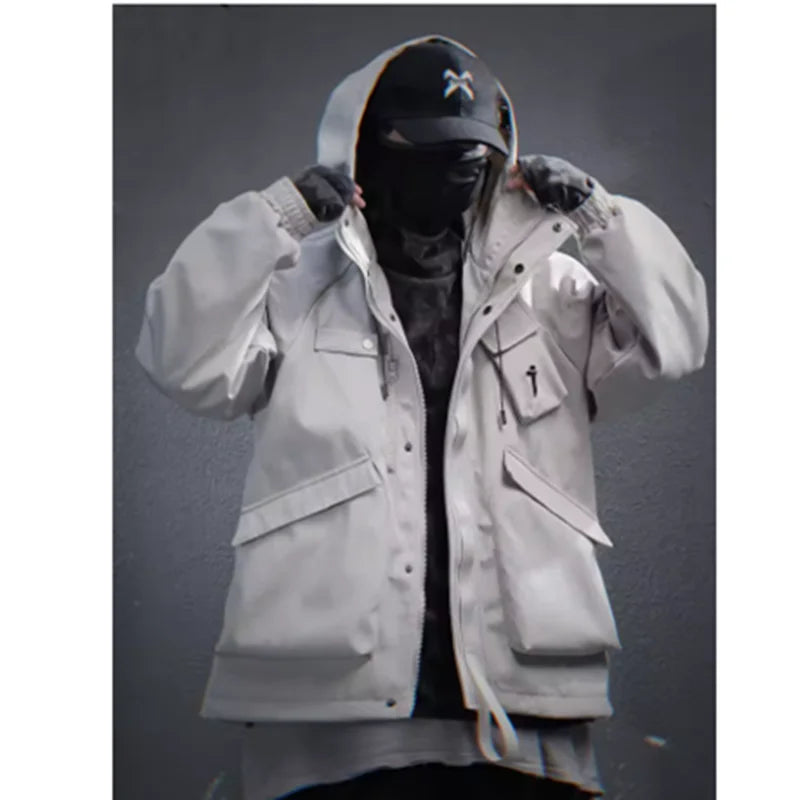 Spring New 2025 Outdoor Hardshell Jacket Men's Loose Punk Style High Street Stand Collar Hooded Coat Fashion Personality Top