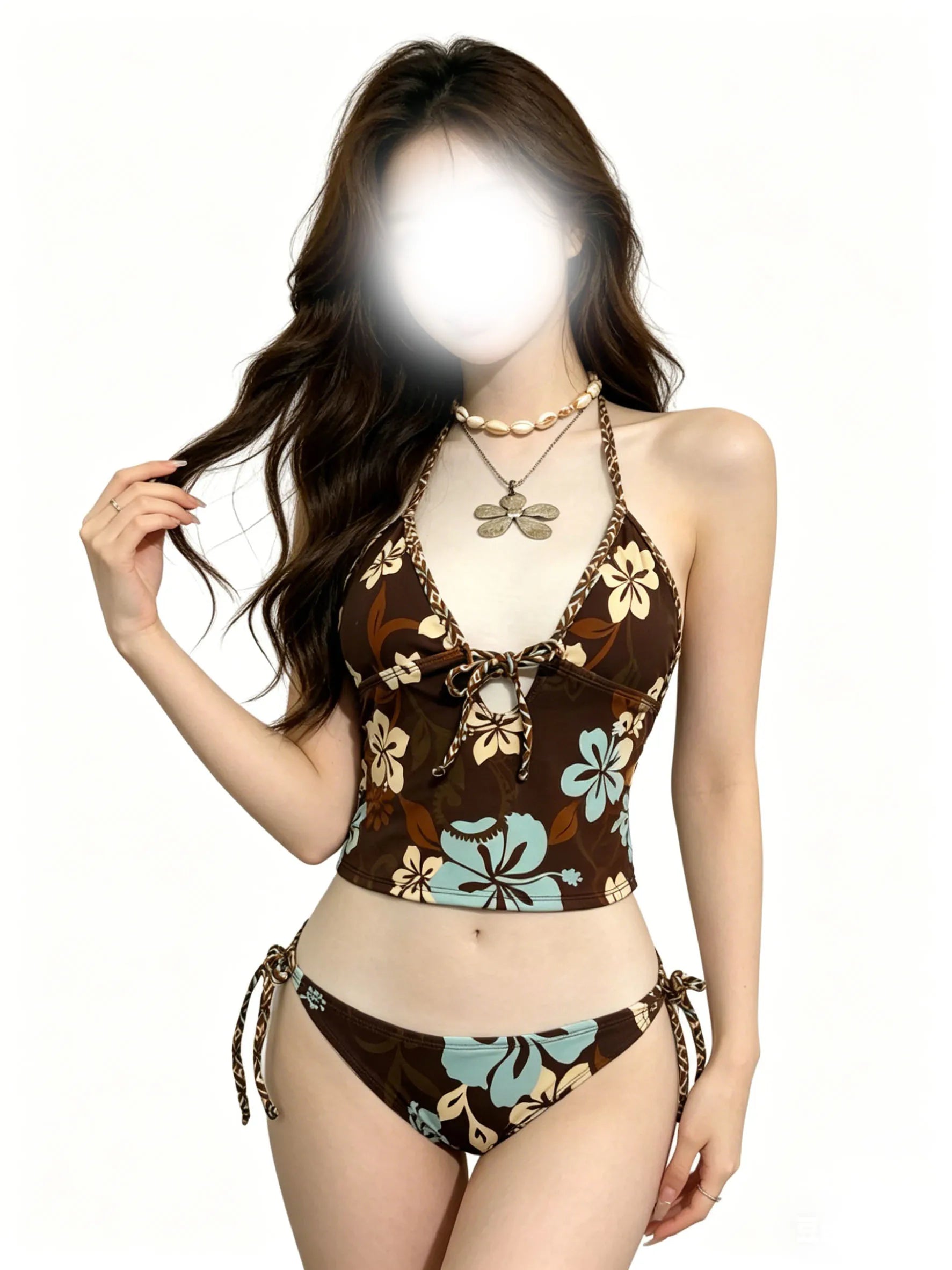 Retro Flower Hanging Neck Bikini Women's Suspender Design Sexy Swimsuit Set Vacation Beach Swimsuit Top