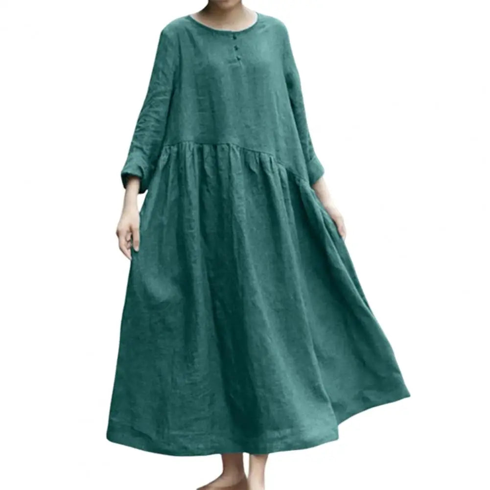 Women's Cotton Linen Maxi Dress Long Sleeve Button Up Crewneck Long Dress with Pockets Plus Size Casual Flowy Beach Sundress